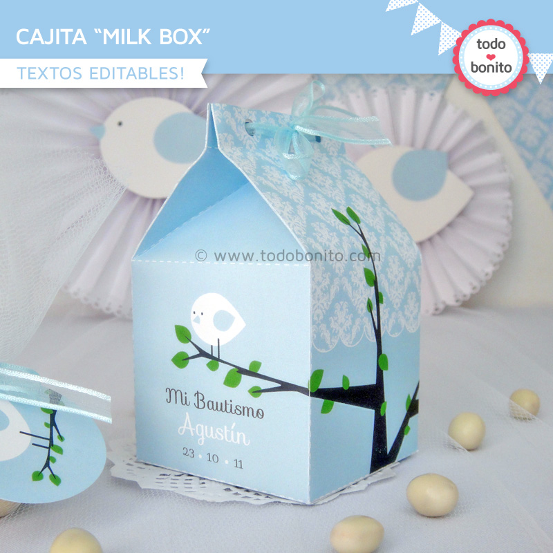 Kit imprimible pajarito celeste caja milkbox