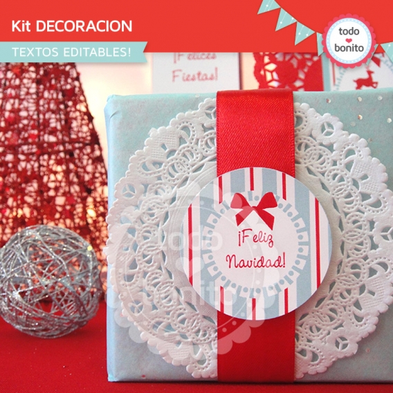 Kit imprimible para decorar Navidad rojo y aqua