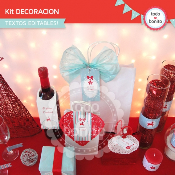 Kit imprimible para decorar Navidad rojo y aqua