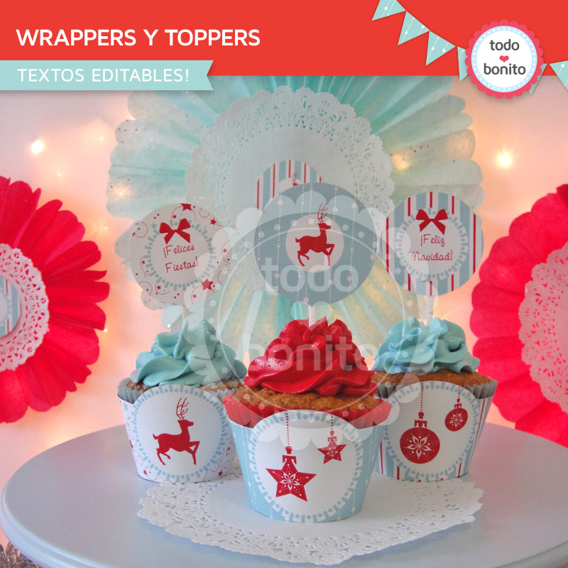  Wrappers y toppers para cupcakes en color aqua y rojo