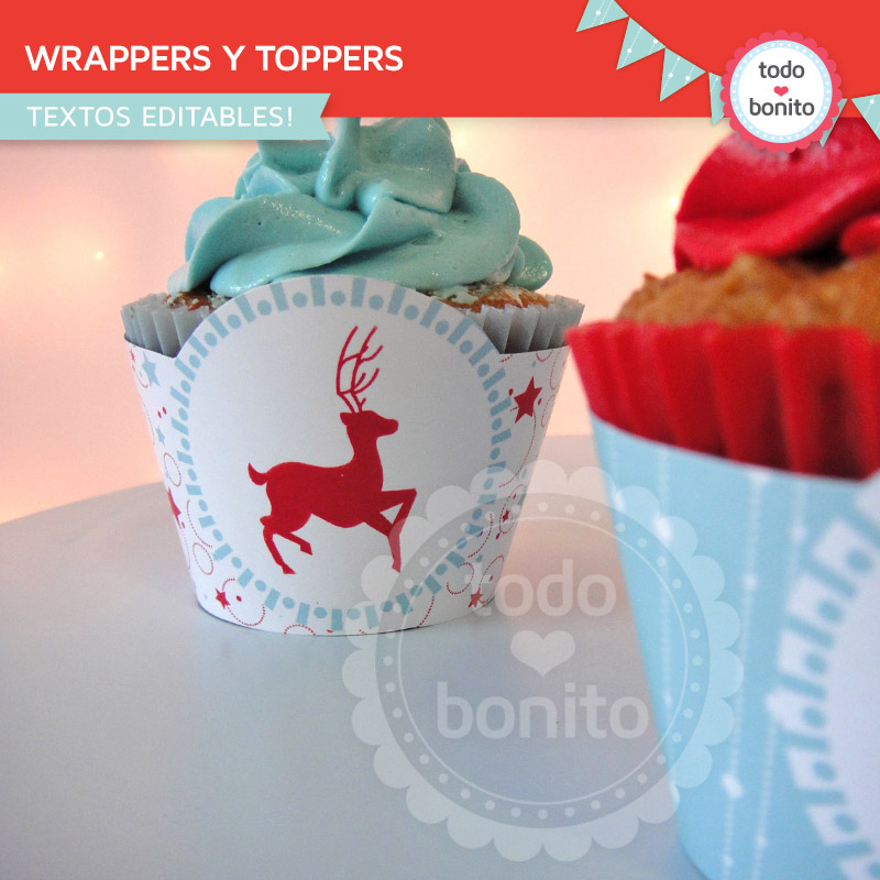  Wrappers y toppers para cupcakes en color aqua y rojo