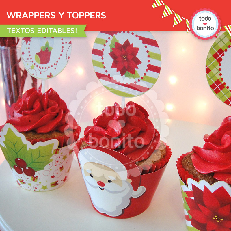 Wrappers y toppers para cupcakes en colores verdes y rojo