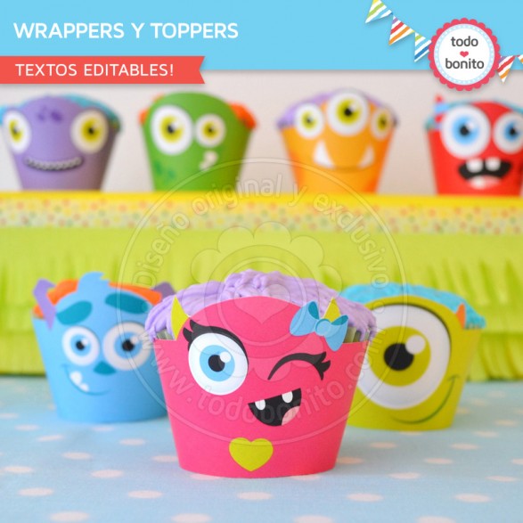 Monstruitos wrappers y toppers para cupcakes