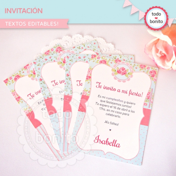 Invitación imprimible estilo shabby chic aqua y rosa