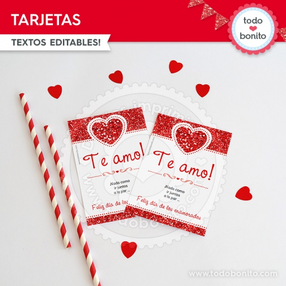 Tarjetas imprimibles Corazón Glitter Rojo para San Valentín