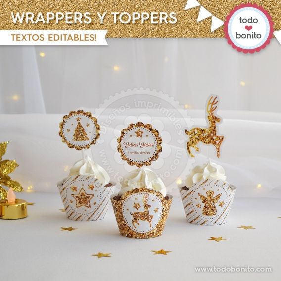 Wrappers y toppers Navidad en dorado y blanco