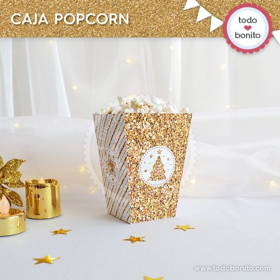 Caja popcorn Navidad en dorado y blanco