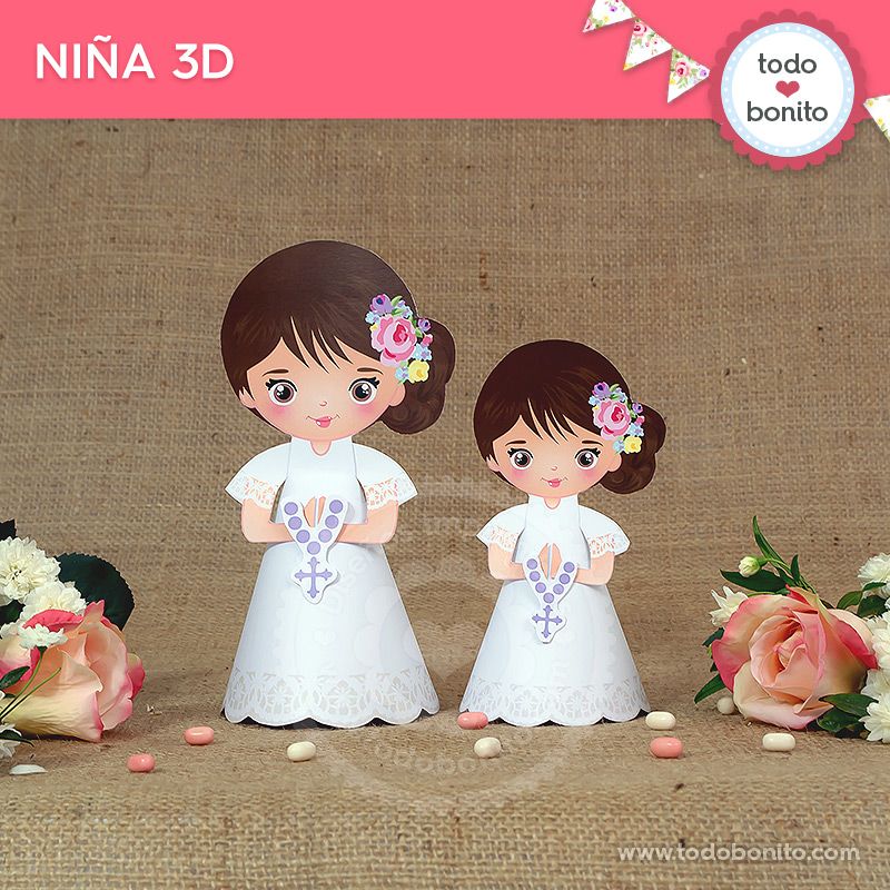 Niña 3D de Primera Comunión para niñas estilo rústico 