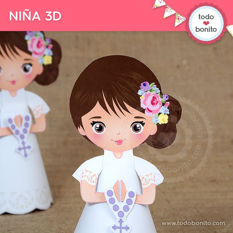 Niña 3D de Primera Comunión para niñas estilo rústico 