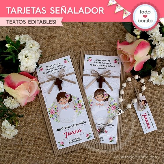 Tarjetas señalador de Primera Comunión para niñas estilo rústico 