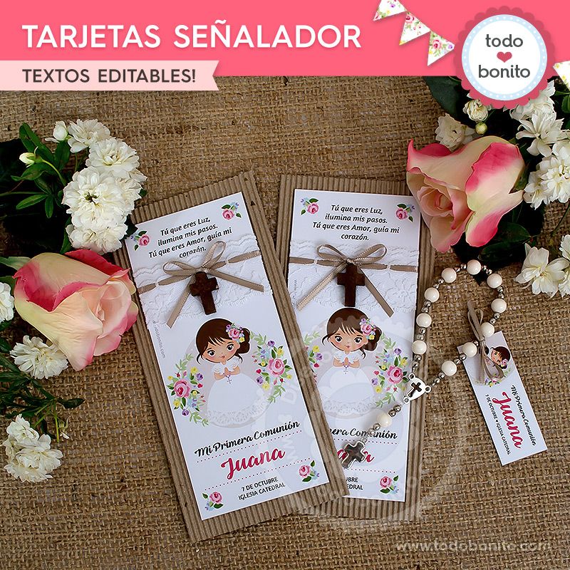 Tarjetas señalador de Primera Comunión para niñas estilo rústico 
