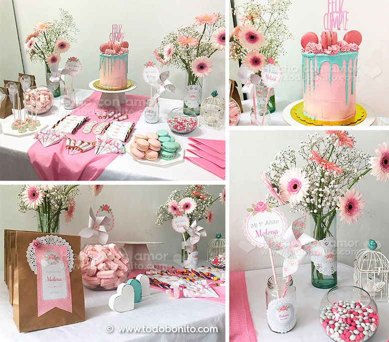Primer Año Kit Imprimible Shabby Chic Rosa y Aqua Todo Bonito