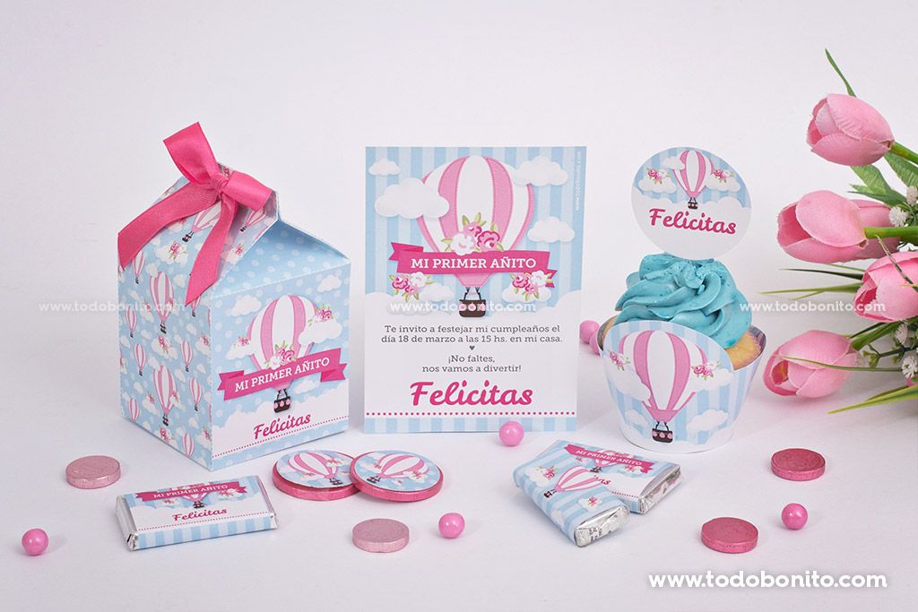 Kit imprimible de globos aerostáticos en rosa y celeste para niñas