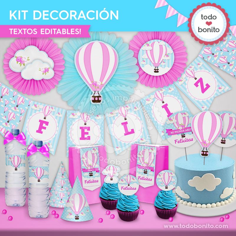 Kit decoración para imprimir de globos aerostáticos en rosa y celeste
