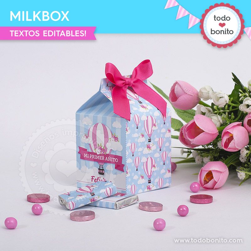 Caja milkbox con globos aerostáticos imprimible