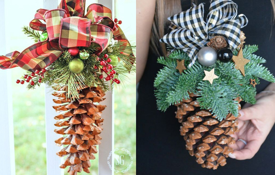 Decoración navideña con piñas de pino