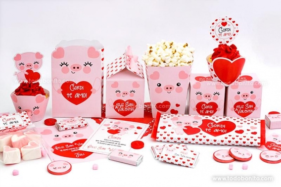 Kits imprimibles de San Valentín con cerditos tiernos por Todo Bonito
