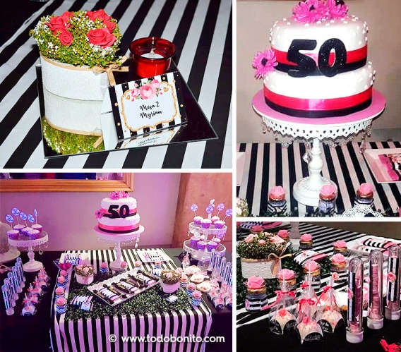 Ideas mesa dulce fiesta de 50 años con flores y rayas