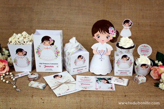 Kits imprimibles de Primera Comunión para niñas estilo romántico