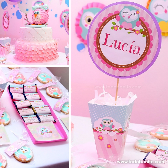 Bautismo y primer añito con buhítas en rosa