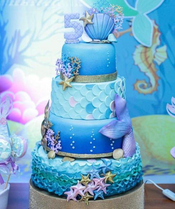 Torta de sirena en tonos azules y violeta 