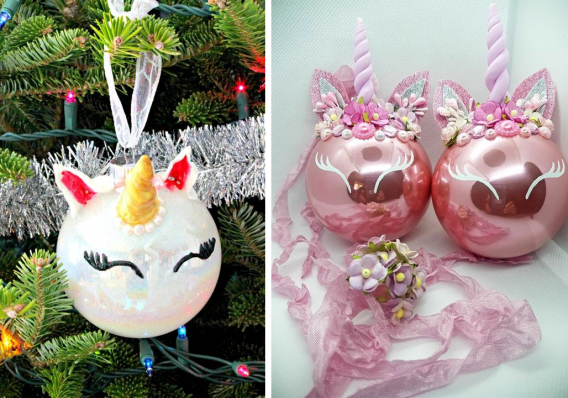 Bolas de Navidad decoradas como unicornios