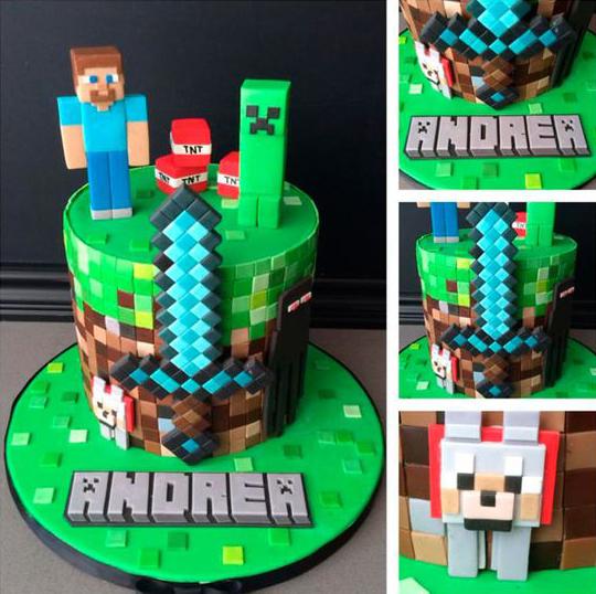 Torta de minecraft decorada con sus personajes 