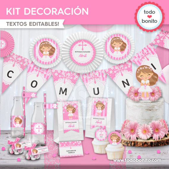 Kit imprimible Primera Comunión margaritas en rosa