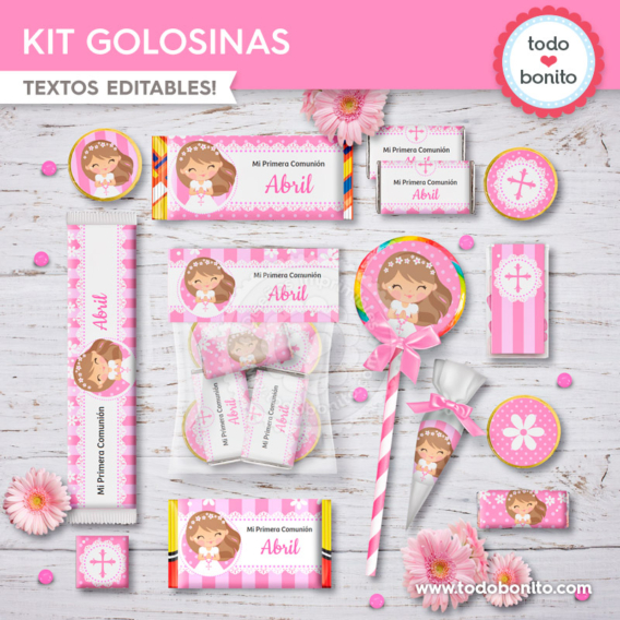 Kit imprimible golosinas para Primera Comunión margaritas en rosa