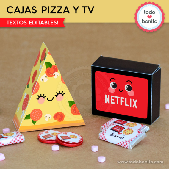 Kit imprimible cajitas con forma Netflix y Pizza
