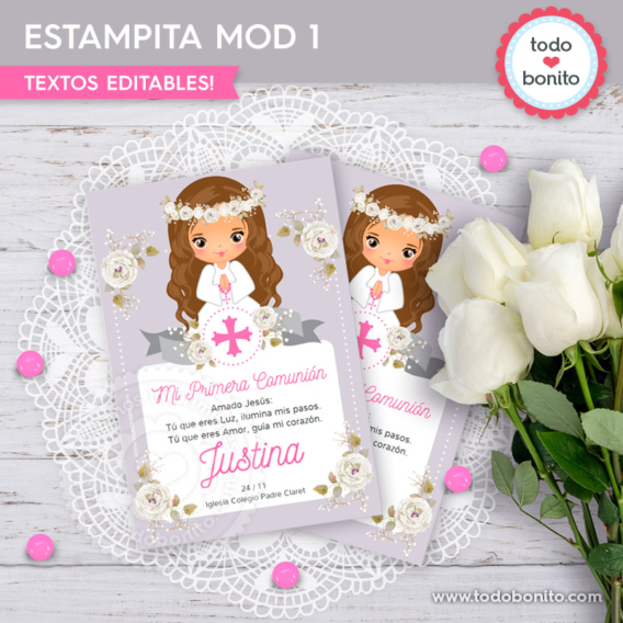 Tarjetas y estampitas de Comunión de niña modelo "Justina"