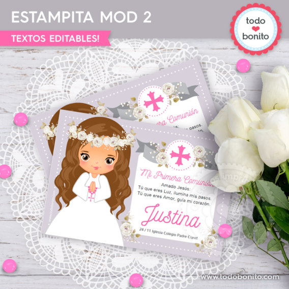 Tarjetas y estampitas de Comunión de niña modelo "Justina"