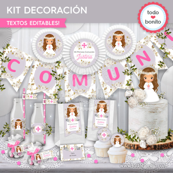 Kit imprimible decoración de Comunión de niña modelo "Justina"