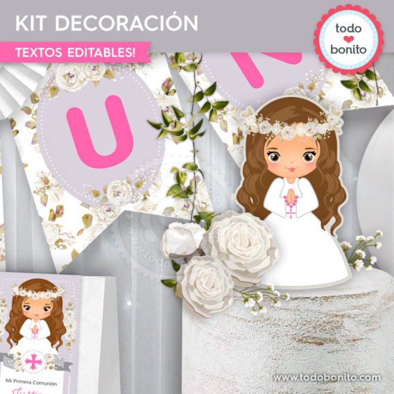 Kit imprimible decoración de Comunión de niña modelo "Justina"