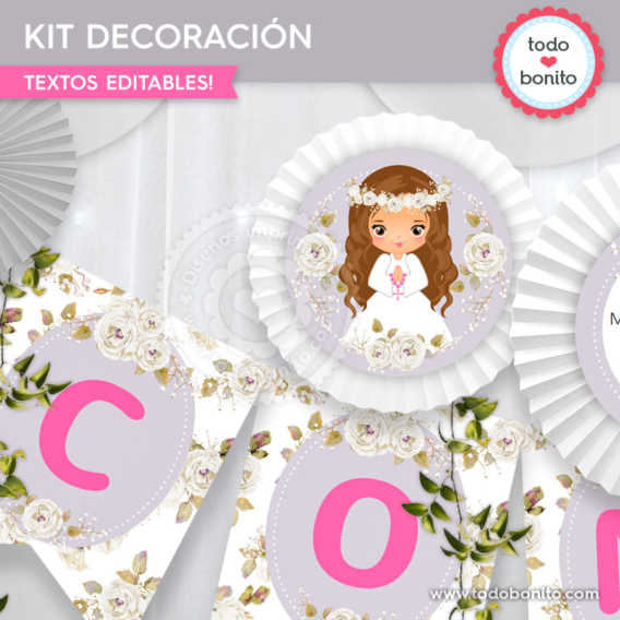 Kit imprimible decoración de Comunión de niña modelo "Justina"