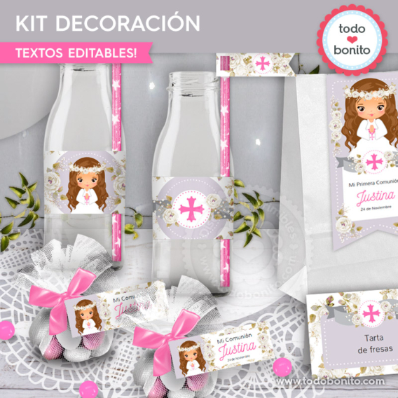 Kit imprimible decoración de Comunión de niña modelo "Justina"