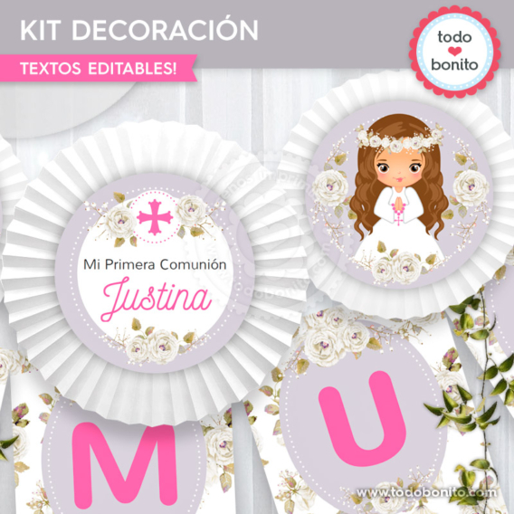 Kit imprimible decoración de Comunión de niña modelo "Justina"