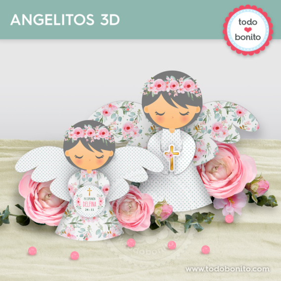 Angelitos 3D con flores, eucaliptus y cruz dorada