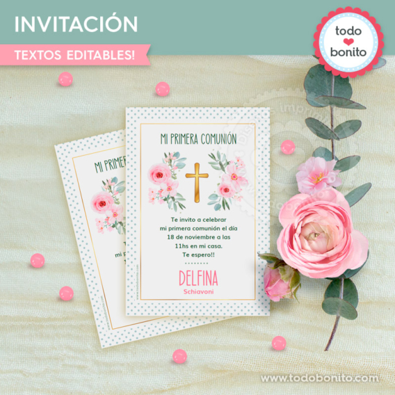 Invitaciones para imprimir con flores, eucaliptus y cruz dorada