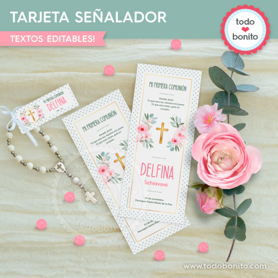 Tarjeta para imprimir con flores, eucaliptus y cruz dorada